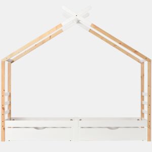 Cama infantil 90x200 cm - Casa com gavetas, madeira maciça com estrado, pinho - Branco + cor madeira