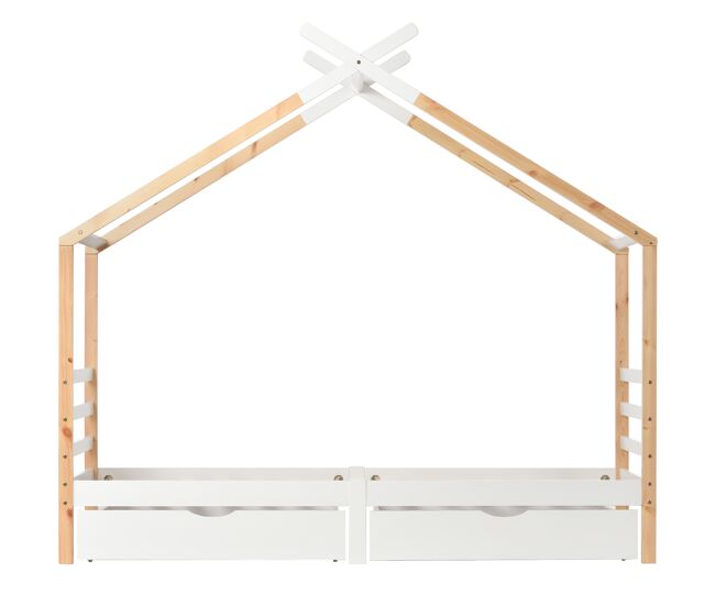 Cama infantil 90x200 cm - casa con cajones, madera maciza con somier, pino - blanco + color madera