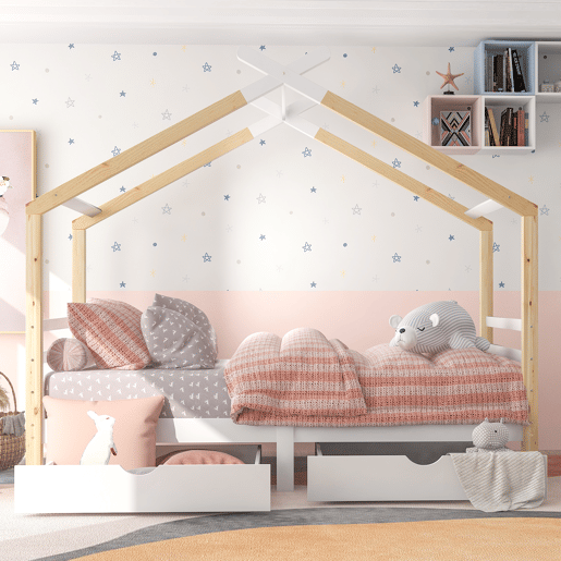 Cama infantil 90x200 cm - Casa com gavetas, madeira maciça com estrado, pinho - Branco + cor madeira