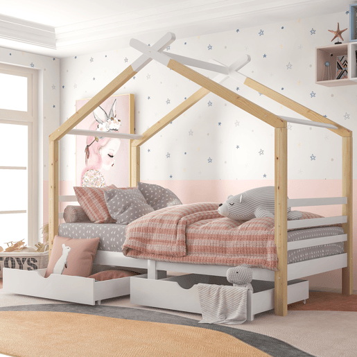 Cama infantil 90x200 cm - Casa com gavetas, madeira maciça com estrado, pinho - Branco + cor madeira