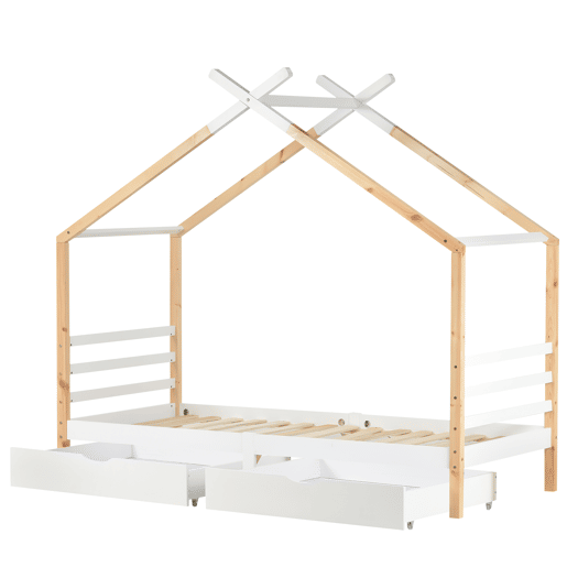 Cama infantil 90x200 cm - Casa com gavetas, madeira maciça com estrado, pinho - Branco + cor madeira