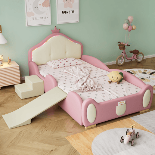 Cama estofada 90x200cm - Cama infantil com luzes LED, pequeno escorregador e escada - Rosa + Bege Cama estofada 90x200cm - Cama infantil com luzes LED, pequeno escorregador e escada - Rosa + Bege
