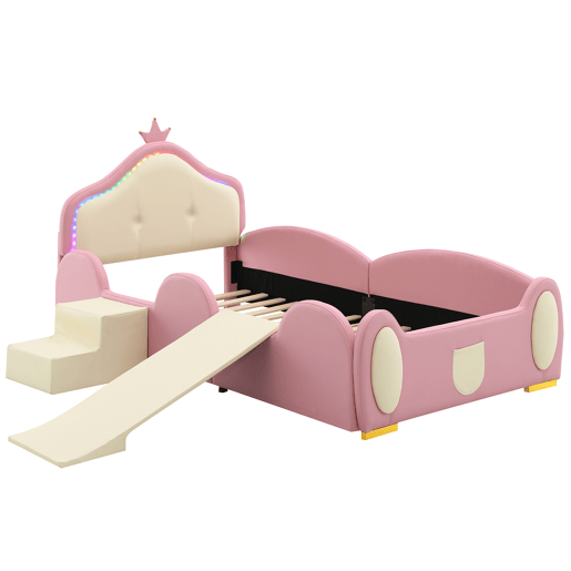 Cama estofada 90x200cm - Cama infantil com luzes LED, pequeno escorregador e escada - Rosa + Bege Cama estofada 90x200cm - Cama infantil com luzes LED, pequeno escorregador e escada - Rosa + Bege