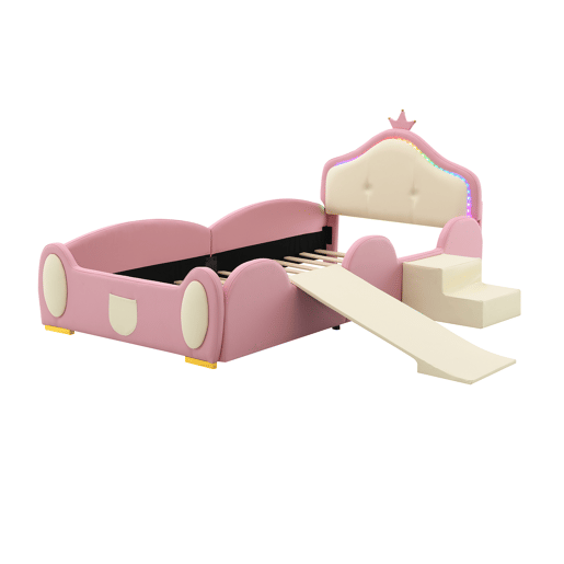 Cama estofada 90x200cm - Cama infantil com luzes LED, pequeno escorregador e escada - Rosa + Bege Cama estofada 90x200cm - Cama infantil com luzes LED, pequeno escorregador e escada - Rosa + Bege