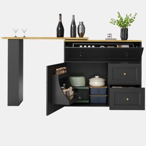 Mesa de bar extensível 138-204×39×105 cm - Móvel de cozinha, aparador com prateleira para aperitivos, mesa de bar telescópica, mesa alta, ilha de cozinha - Preto
