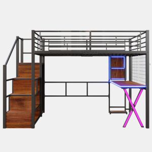 Cama alta 140x200 cm - Com LED, escada de arrumação, secretária, armário, prateleiras - Preto