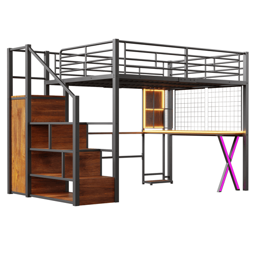 Cama alta 140x200 cm - Com LED, escada de arrumação, secretária, armário, prateleiras - Preto