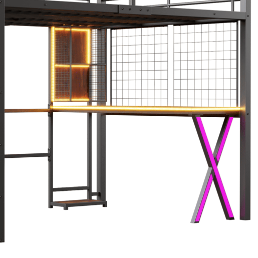 Cama alta 140x200 cm - Com LED, escada de arrumação, secretária, armário, prateleiras - Preto