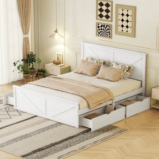Cama de casal 160x200 cm - estrutura simples em madeira, 4 gavetas - branco
