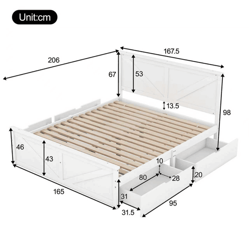 Cama de casal 160x200 cm - estrutura simples em madeira, 4 gavetas - branco