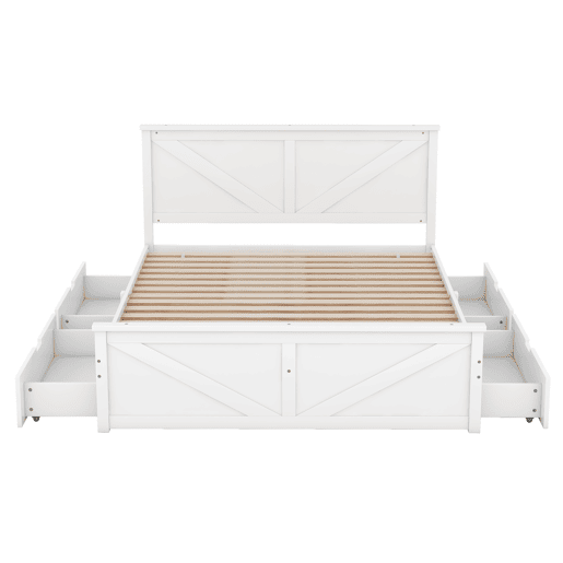 Cama de casal 160x200 cm - estrutura simples em madeira, 4 gavetas - branco