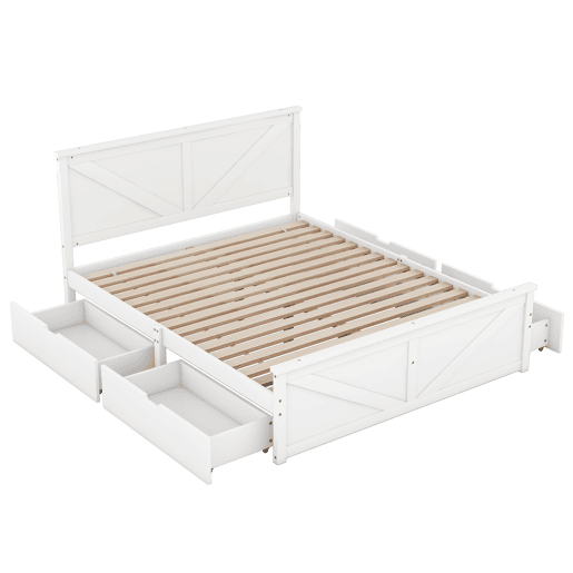 Cama de casal 160x200 cm - estrutura simples em madeira, 4 gavetas - branco