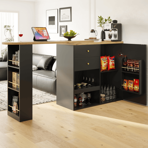 Mesa de bar giratória 105x39x102 cm - 2 gavetas, armário com porta deslizante, 3 níveis de armazenamento aberto - Preto