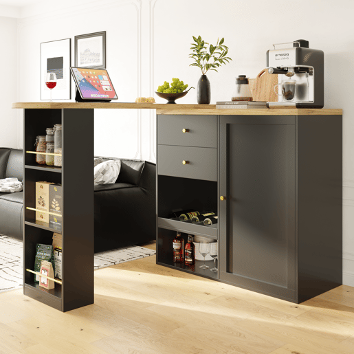Mesa de bar giratória 105x39x102 cm - 2 gavetas, armário com porta deslizante, 3 níveis de armazenamento aberto - Preto