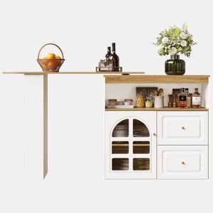 Mesa de bar giratória 360° - 2 gavetas, prateleira para snacks, compartimento aberto, com prateleiras e vidro curvo - Branco