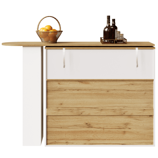 Mesa de bar giratória 360° - 2 gavetas, prateleira para snacks, compartimento aberto, com prateleiras e vidro curvo - Branco