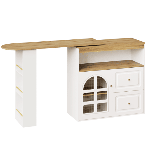 Mesa de bar giratória 360° - 2 gavetas, prateleira para snacks, compartimento aberto, com prateleiras e vidro curvo - Branco