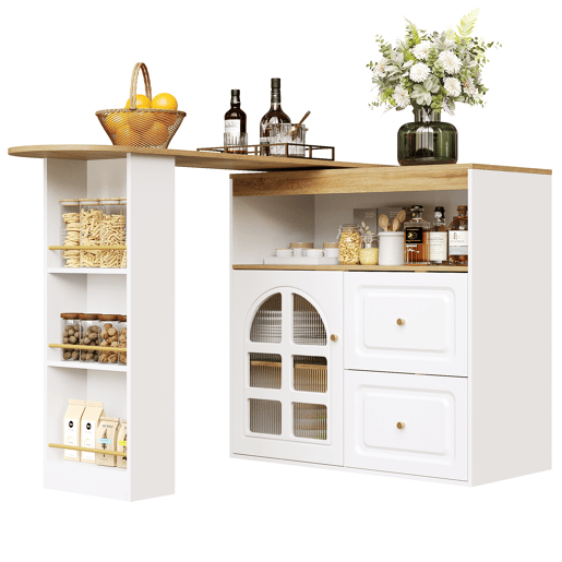 Mesa de bar giratória 360° - 2 gavetas, prateleira para snacks, compartimento aberto, com prateleiras e vidro curvo - Branco