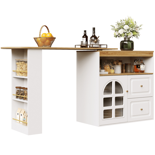 Mesa de bar giratória 360° - 2 gavetas, prateleira para snacks, compartimento aberto, com prateleiras e vidro curvo - Branco