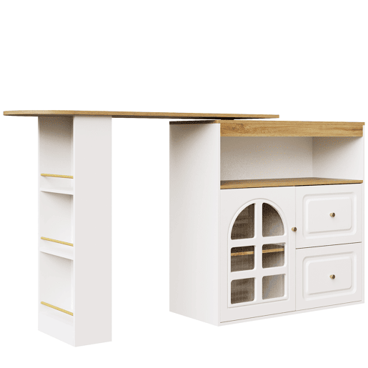 Mesa de bar giratória 360° - 2 gavetas, prateleira para snacks, compartimento aberto, com prateleiras e vidro curvo - Branco