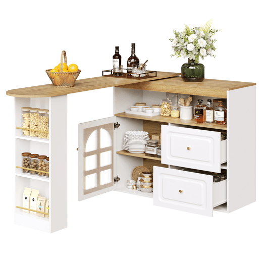 Mesa de bar giratória 360° - 2 gavetas, prateleira para snacks, compartimento aberto, com prateleiras e vidro curvo - Branco