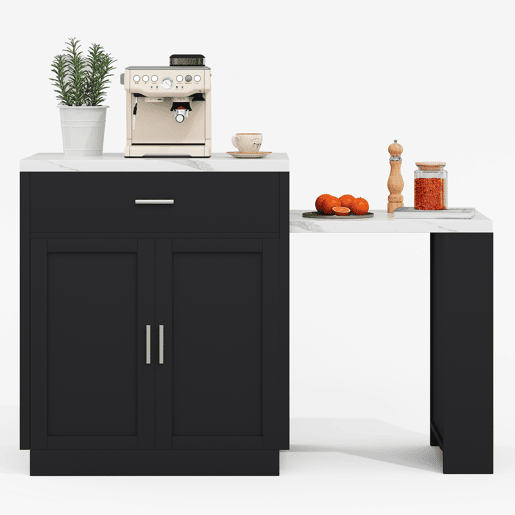 Ilha de cozinha com mesa extensível para 4-6 pessoas - Mesa de cozinha bicolor, tomada, armário de arrumação, 2 gavetas, 2 prateleiras laterais - Preto
