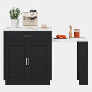 Ilha de cozinha com mesa extensível para 4-6 pessoas - Mesa de cozinha bicolor, tomada, armário de arrumação, 2 gavetas, 2 prateleiras laterais - Preto