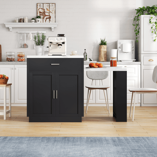 Ilha de cozinha com mesa extensível para 4-6 pessoas - Mesa de cozinha bicolor, tomada, armário de arrumação, 2 gavetas, 2 prateleiras laterais - Preto
