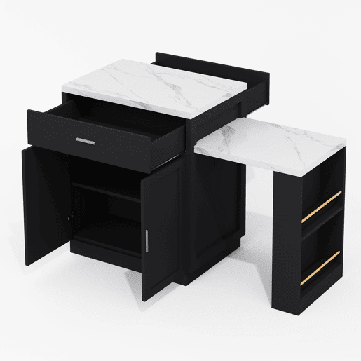 Ilha de cozinha com mesa extensível para 4-6 pessoas - Mesa de cozinha bicolor, tomada, armário de arrumação, 2 gavetas, 2 prateleiras laterais - Preto