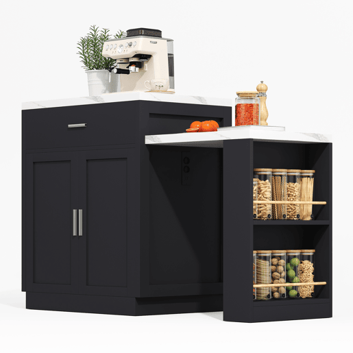 Ilha de cozinha com mesa extensível para 4-6 pessoas - Mesa de cozinha bicolor, tomada, armário de arrumação, 2 gavetas, 2 prateleiras laterais - Preto