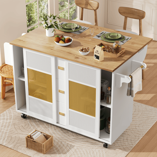 Ilha de cozinha 120x73x90 cm - Carrinho de cozinha com rodas, prateleira para especiarias, suporte para toalhas, prateleiras ajustáveis - Branco