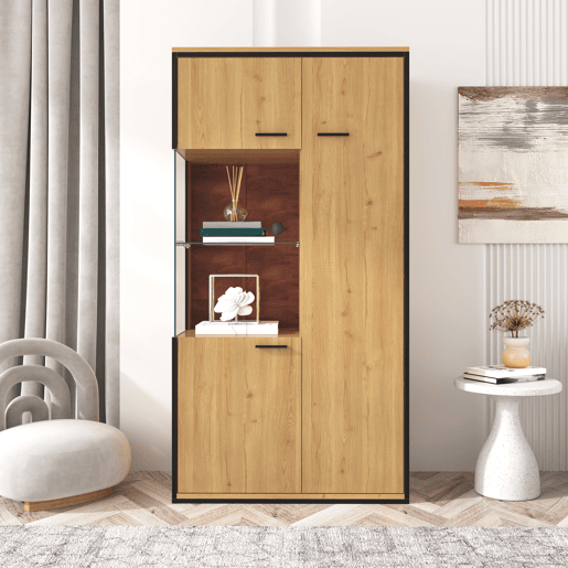Vitrine moderna 150 cm - Com iluminação LED, portas de vidro, prateleiras multifuncionais, grande capacidade de armazenamento - Natural