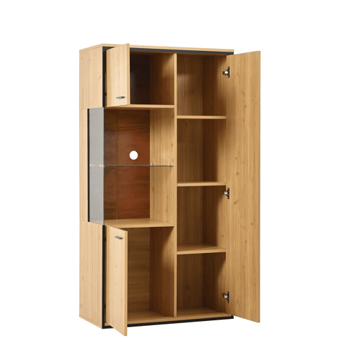 Vitrine moderna 150 cm - Com iluminação LED, portas de vidro, prateleiras multifuncionais, grande capacidade de armazenamento - Natural