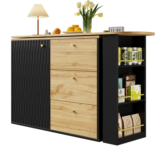 Mesa de bar extensível 138-204×39×104 cm - giratória em 360°, moderna, com arrumação, mesa alta de cozinha, aparador com acabamento em madeira - Preto Mesa de bar extensível 138-204×39×104 cm - giratória em 360°, moderna, com arrumação, mesa alta de cozinha, aparador com acabamento em madeira - Preto