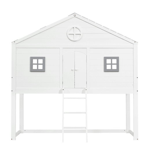 Cama tipo casa 90x200cm - Com escada, proteção anticaídas, duas janelas cinzentas - Branco+Cinza