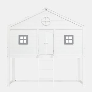 Cama tipo casa 90x200cm - Com escada, proteção anticaídas, duas janelas cinzentas - Branco+Cinza