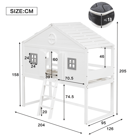 Cama tipo casa 90x200cm - Com escada, proteção anticaídas, duas janelas cinzentas - Branco+Cinza
