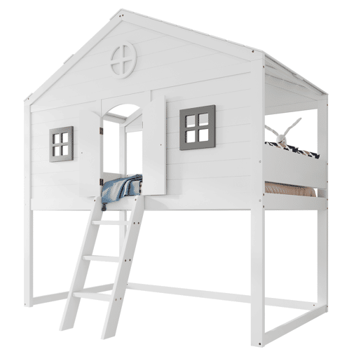 Cama tipo casa 90x200cm - Com escada, proteção anticaídas, duas janelas cinzentas - Branco+Cinza