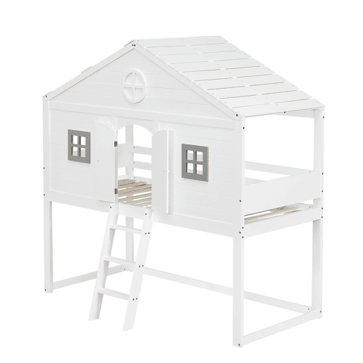 Cama tipo casa 90x200cm - Com escada, proteção anticaídas, duas janelas cinzentas - Branco+Cinza