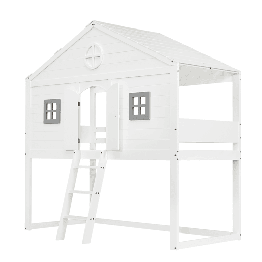 Cama tipo casa 90x200cm - Com escada, proteção anticaídas, duas janelas cinzentas - Branco+Cinza
