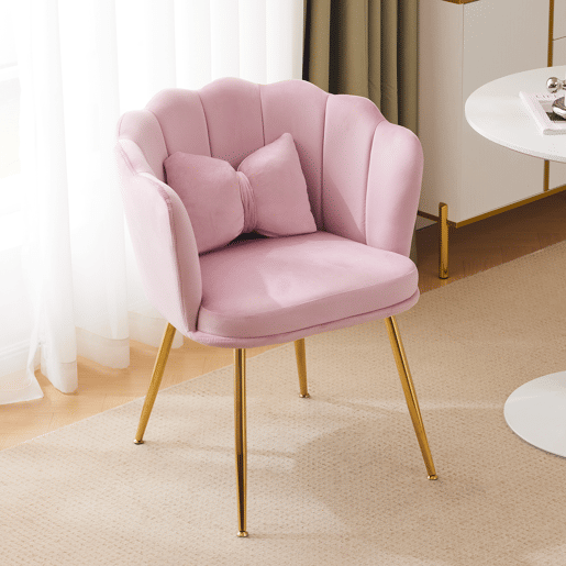 Poltrona moderna para sala de estar - Poltrona decorativa acolchoada com encosto em forma de pétalas e pés metálicos dourados - Rosa