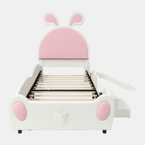 Cama infantil 90x200 - com escada, escorrega e cabeceira com orelhas de coelho - branco+rosa