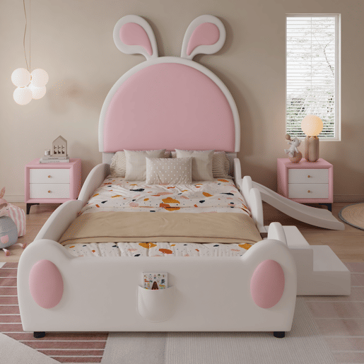 Cama infantil 90x200 - com escada, escorrega e cabeceira com orelhas de coelho - branco+rosa