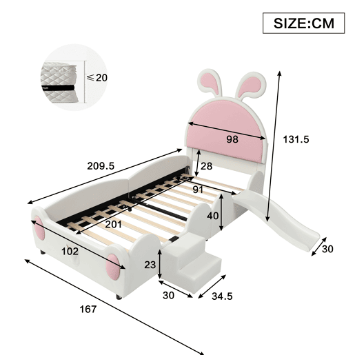 Cama infantil 90x200 - com escada, escorrega e cabeceira com orelhas de coelho - branco+rosa