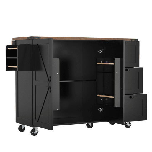 Ilha de cozinha 120x60x90 cm - Carrinho de serviço com bancada extensível, com 2 portas e 3 gavetas - Preto