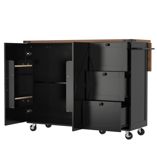 Ilha de cozinha 120x60x90 cm - Carrinho de serviço com bancada extensível, com 2 portas e 3 gavetas - Preto