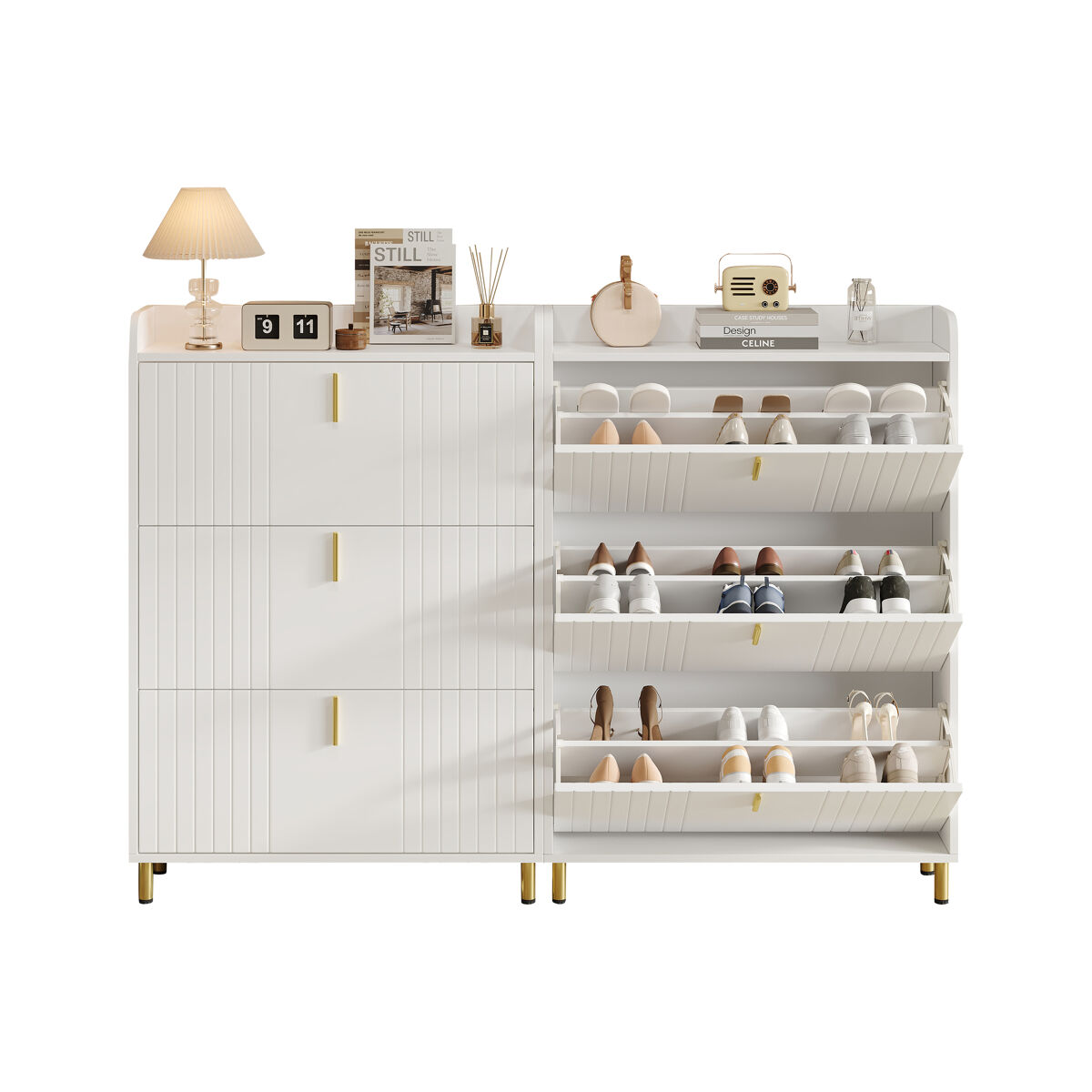 Zapatero estrecho 80x23,5x123,5 cm - 2 armarios con 3 puertas, 6 compartimentos, ajustable, con sistema antivuelco - blanco