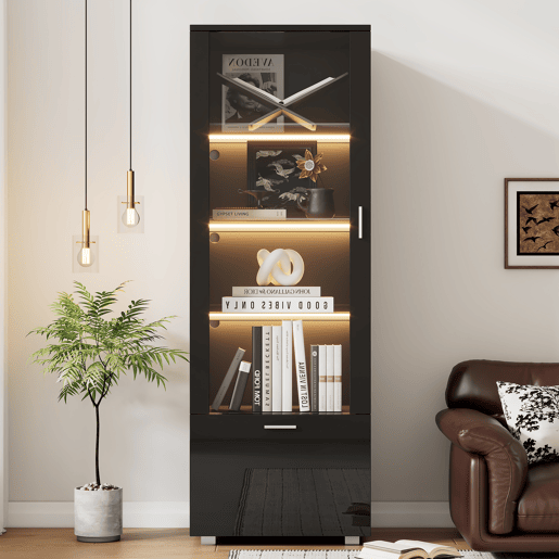 Vitrine preta de alto brilho - Vitrine com portas de vidro, iluminação LED, 3 prateleiras, para colecionáveis e perfumes - Preto Vitrine preta de alto brilho - Vitrine com portas de vidro, iluminação LED, 3 prateleiras, para colecionáveis e perfumes - Preto