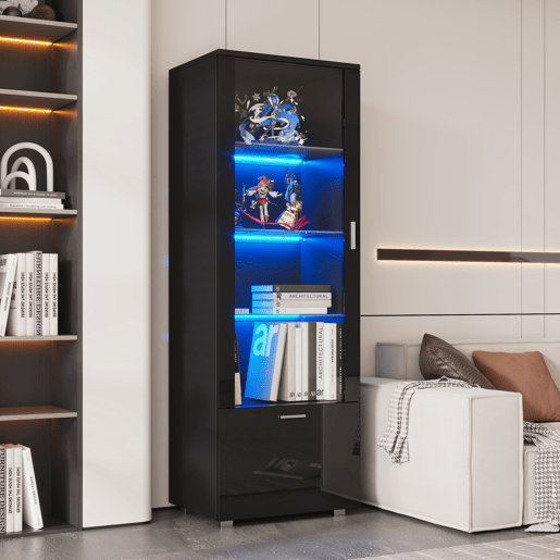 Vitrine preta de alto brilho - Vitrine com portas de vidro, iluminação LED, 3 prateleiras, para colecionáveis e perfumes - Preto Vitrine preta de alto brilho - Vitrine com portas de vidro, iluminação LED, 3 prateleiras, para colecionáveis e perfumes - Preto