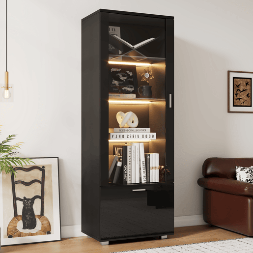 Vitrine preta de alto brilho - Vitrine com portas de vidro, iluminação LED, 3 prateleiras, para colecionáveis e perfumes - Preto Vitrine preta de alto brilho - Vitrine com portas de vidro, iluminação LED, 3 prateleiras, para colecionáveis e perfumes - Preto